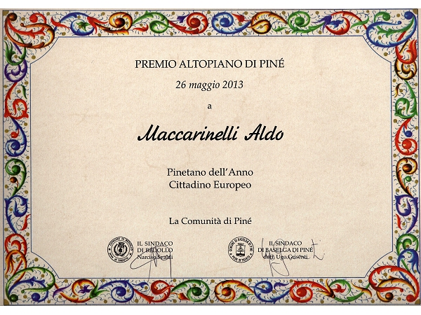Festa patronale Madonna di Piné  2013 - l'attestato di Aldo Maccarinelli