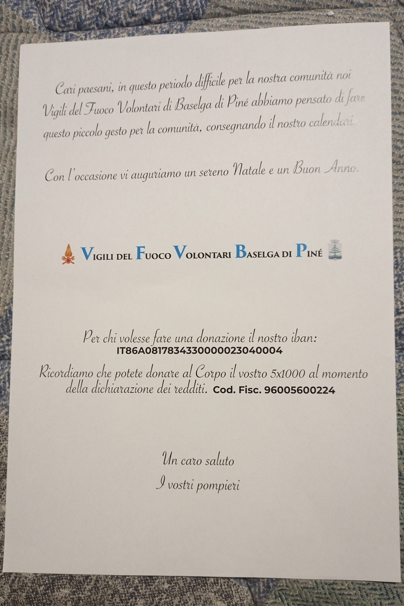 Calendario VVF Piné 2021 - lettera di auguri