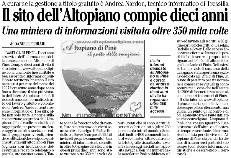 Articolo L'Adige 10 anni sito