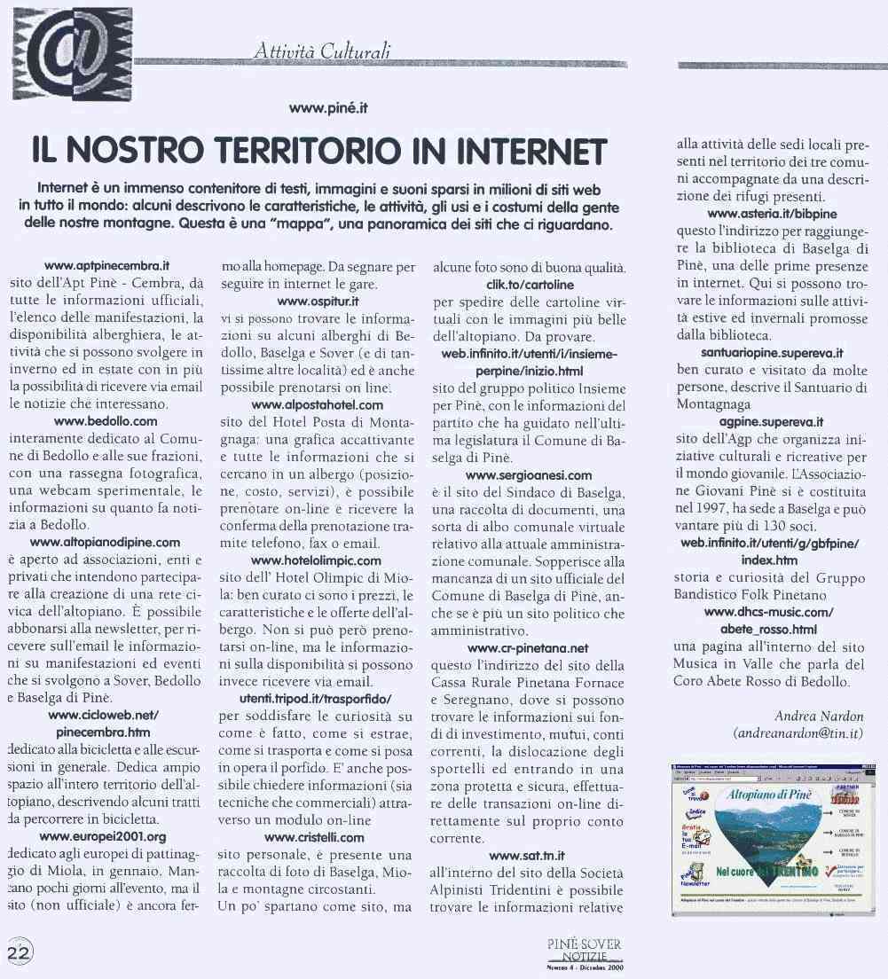 Articolo presente sul notiziario Piné Sover di dicembre 2000