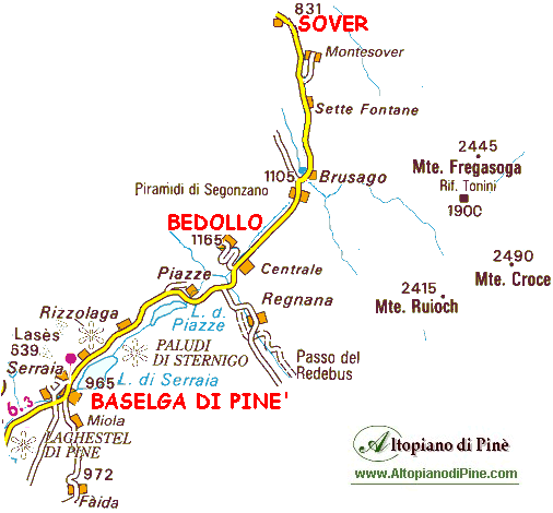 Cartina geografica di Baselga, Bedollo e Sover